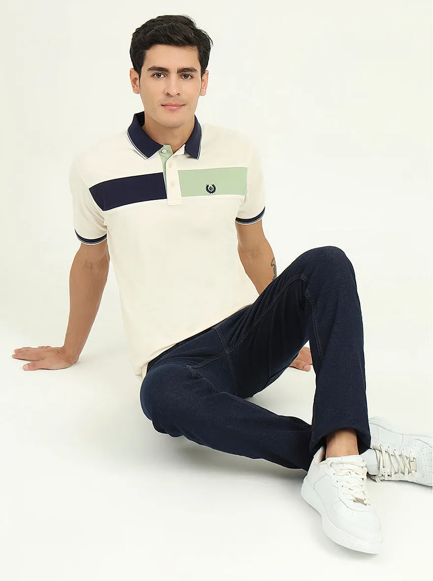 Off-White & Navy Blue Striped Slim Fit Polo T-Shirt | Greenfibre