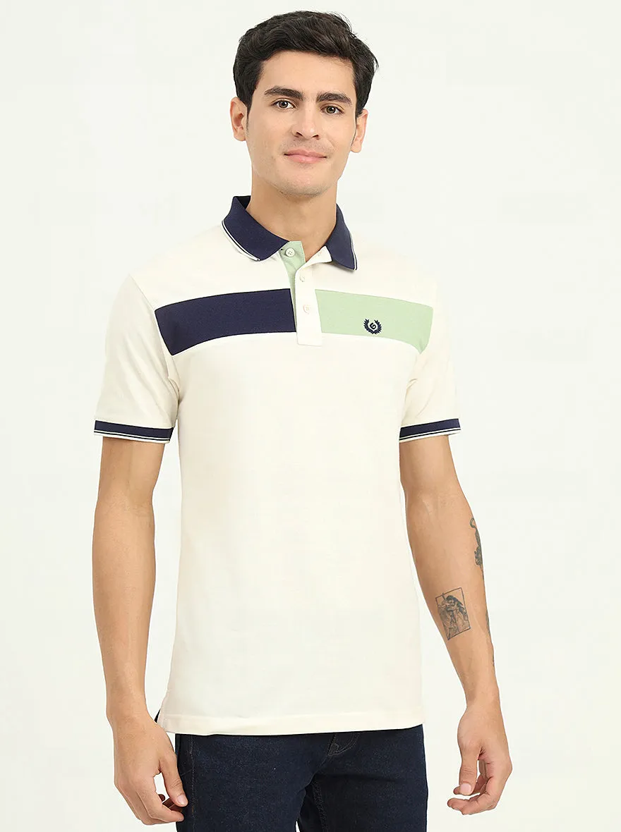 Off-White & Navy Blue Striped Slim Fit Polo T-Shirt | Greenfibre