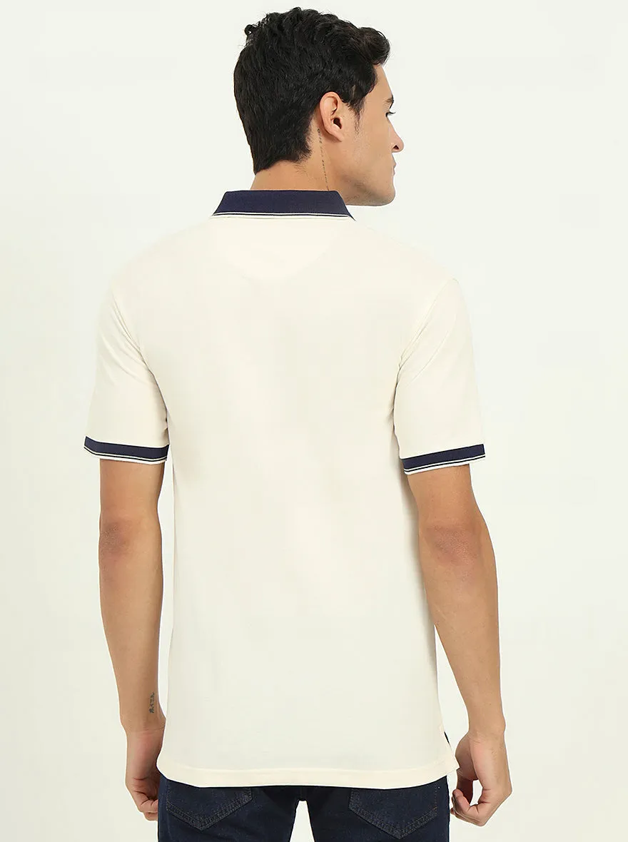 Off-White & Navy Blue Striped Slim Fit Polo T-Shirt | Greenfibre