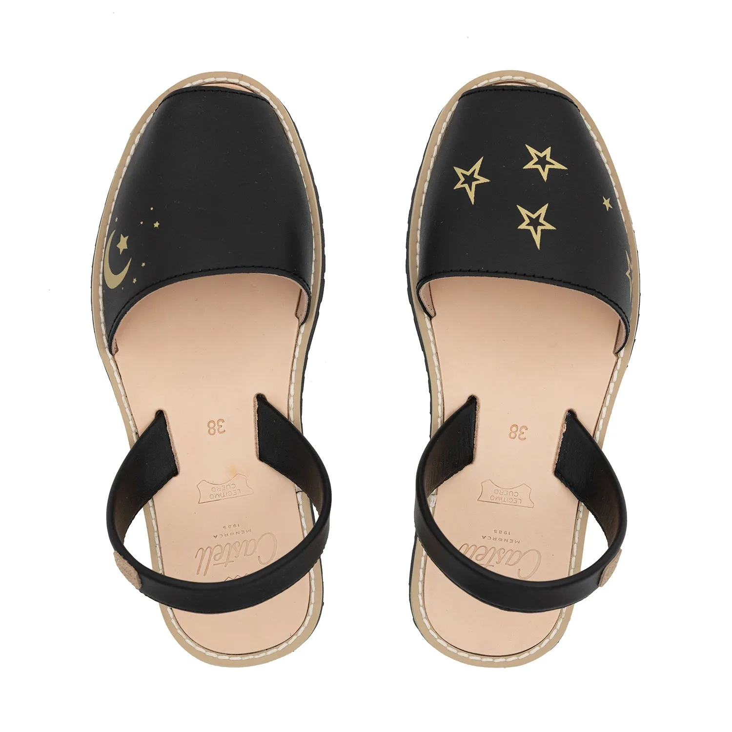 Open Toe Leather Menorcan Sandal With Sling Back - Madona 1056 Ciervo Estrellas