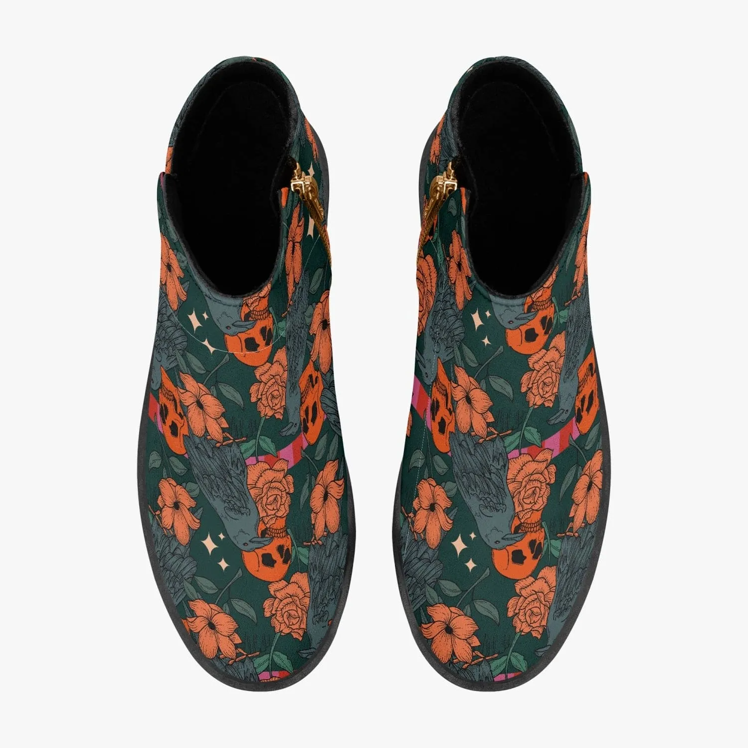 Orange Flowers & Skulls Fashion Zipper Boots