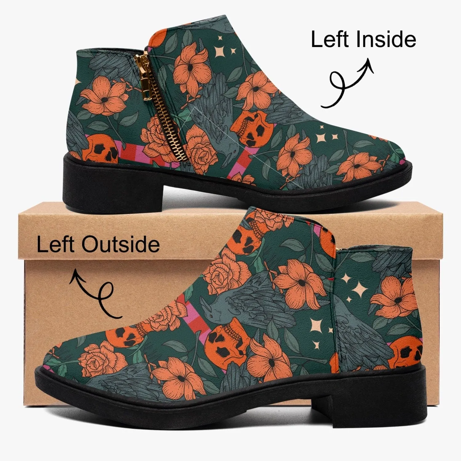Orange Flowers & Skulls Fashion Zipper Boots