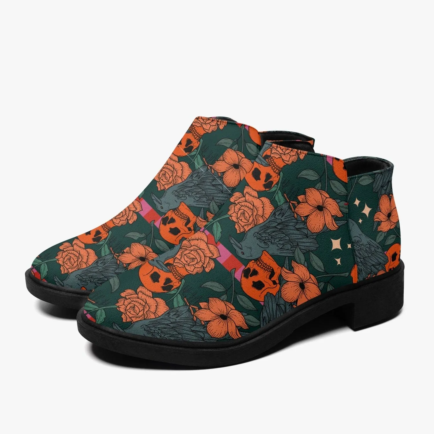 Orange Flowers & Skulls Fashion Zipper Boots