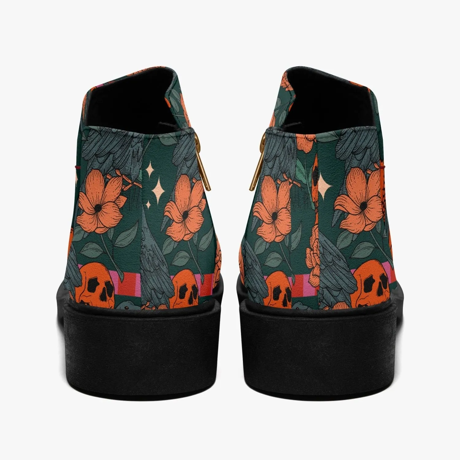Orange Flowers & Skulls Fashion Zipper Boots