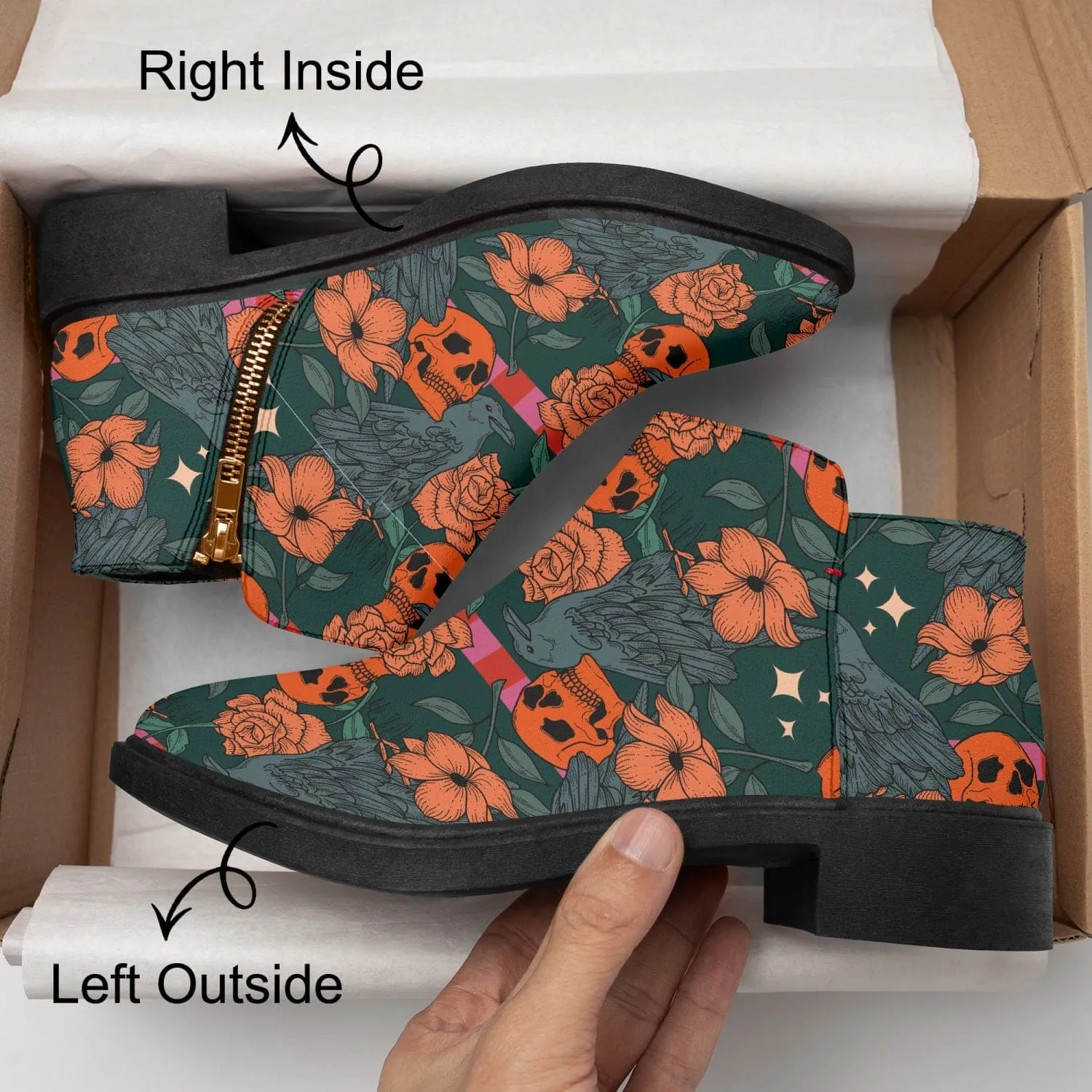 Orange Flowers & Skulls Fashion Zipper Boots