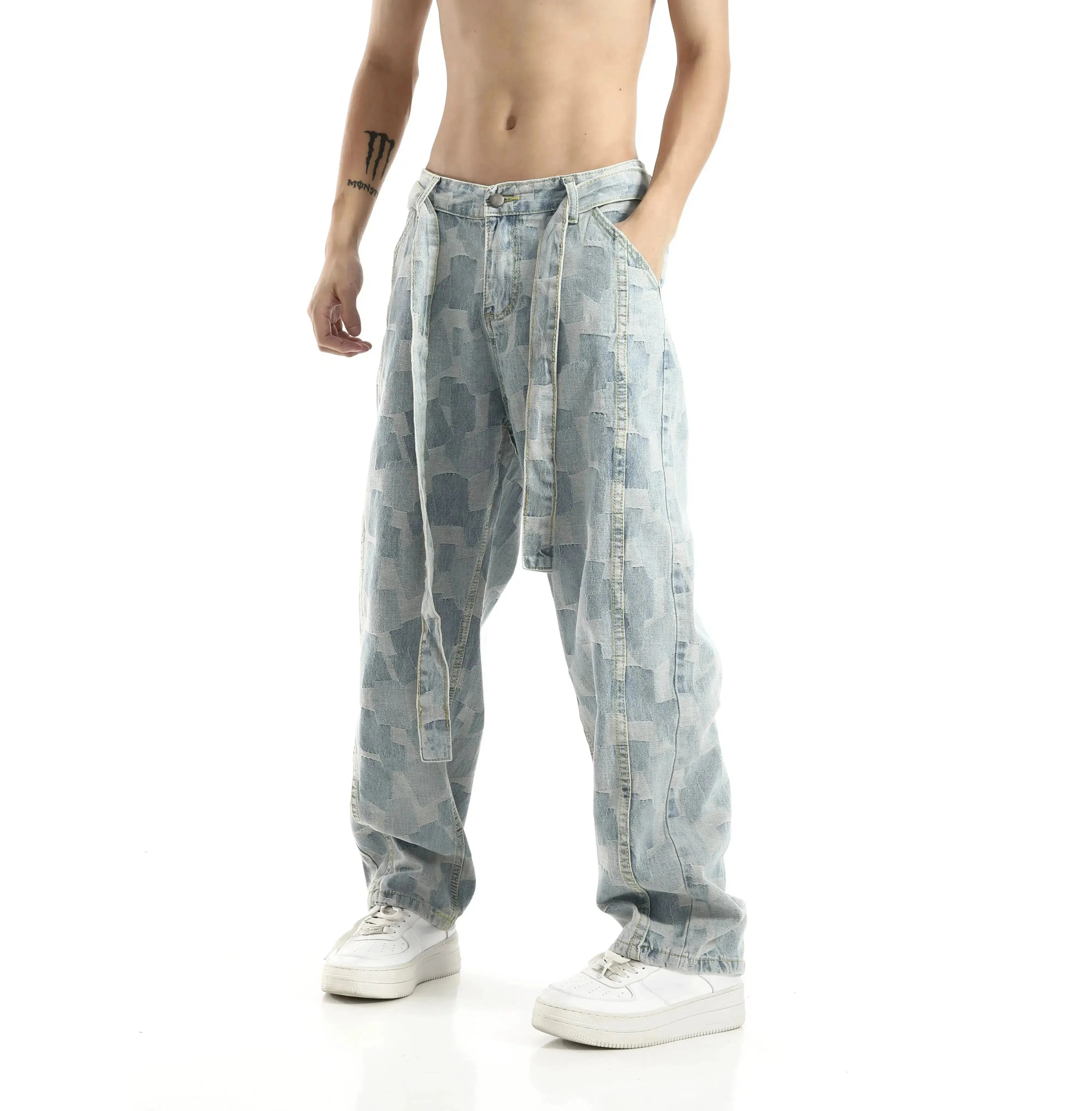 Patchwork Loose-Fit Washed Jeans
