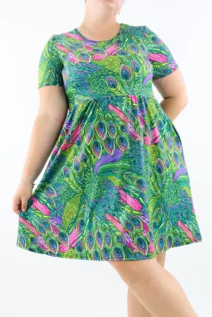 Peacock - Short Sleeve Skater Dress - Knee Length - Side Pockets