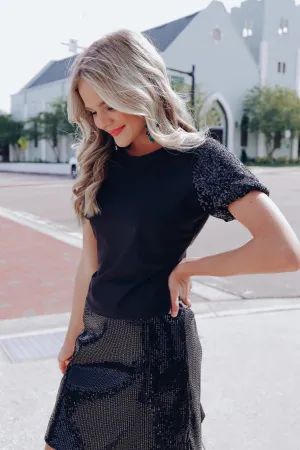 Perfect Puff Sleeve Sequin Top - Black