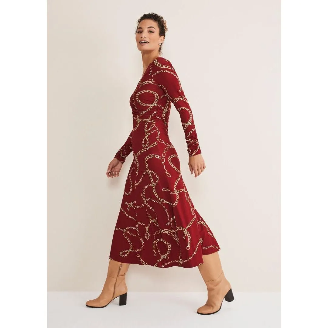 Phase Eight Cheska Chain Print Ruched Dress - Dark Red