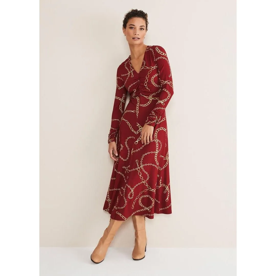 Phase Eight Cheska Chain Print Ruched Dress - Dark Red