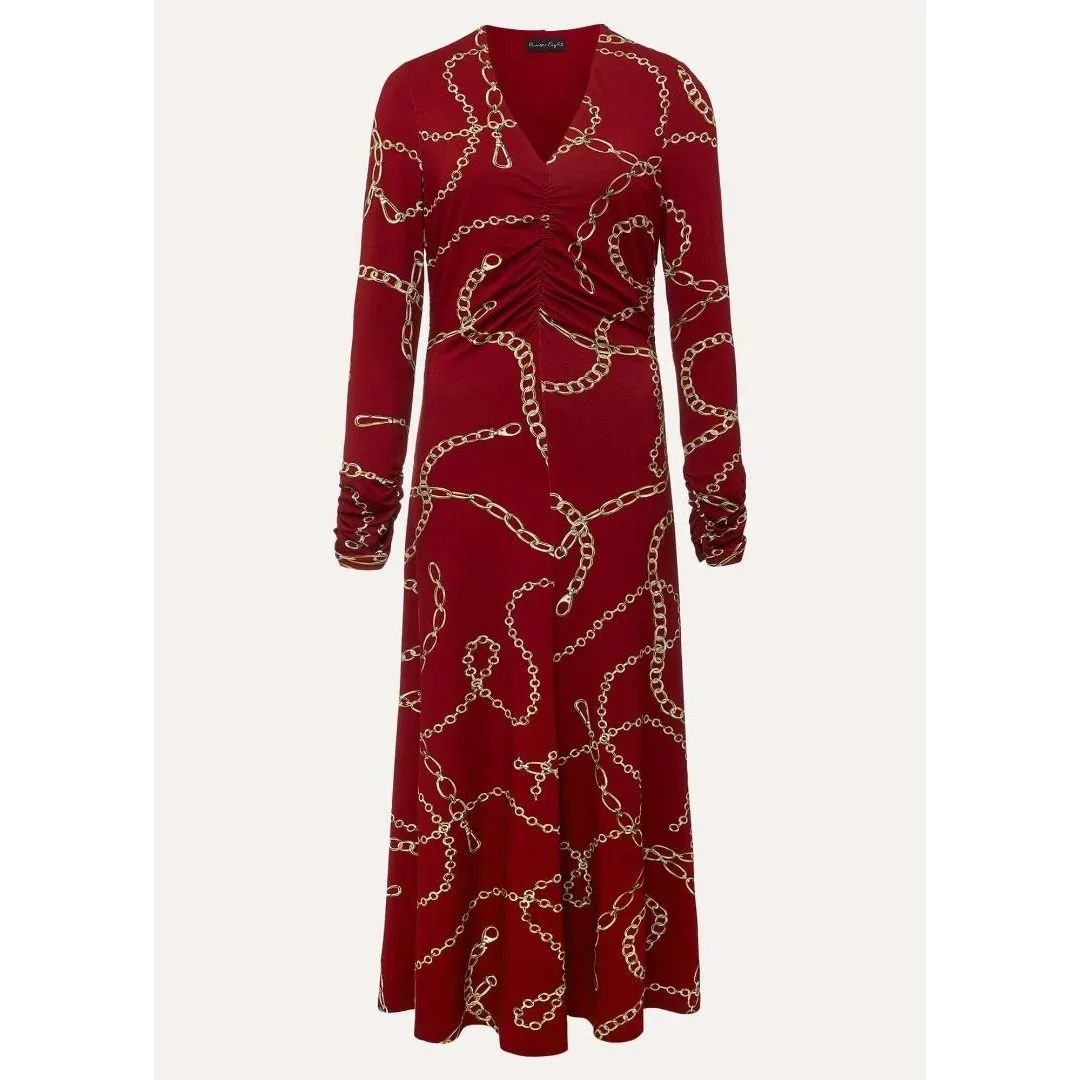 Phase Eight Cheska Chain Print Ruched Dress - Dark Red