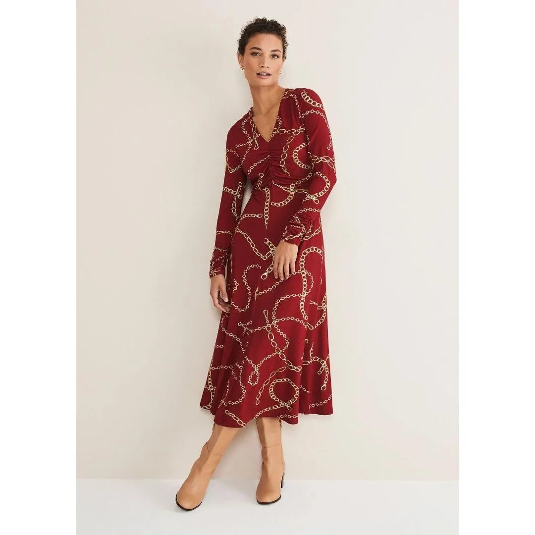 Phase Eight Cheska Chain Print Ruched Dress - Dark Red