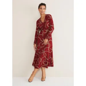 Phase Eight Cheska Chain Print Ruched Dress - Dark Red
