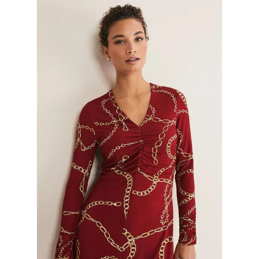 Phase Eight Cheska Chain Print Ruched Dress - Dark Red