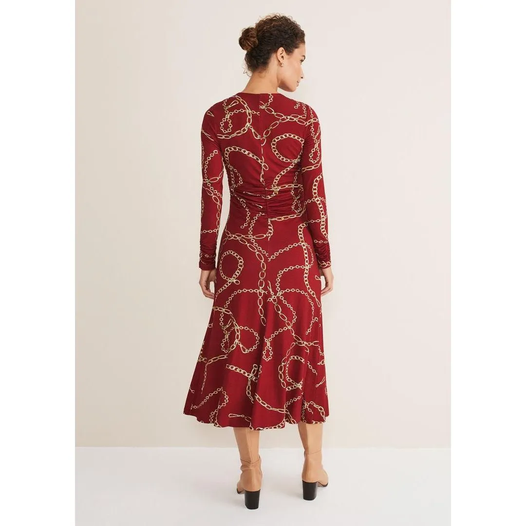 Phase Eight Cheska Chain Print Ruched Dress - Dark Red