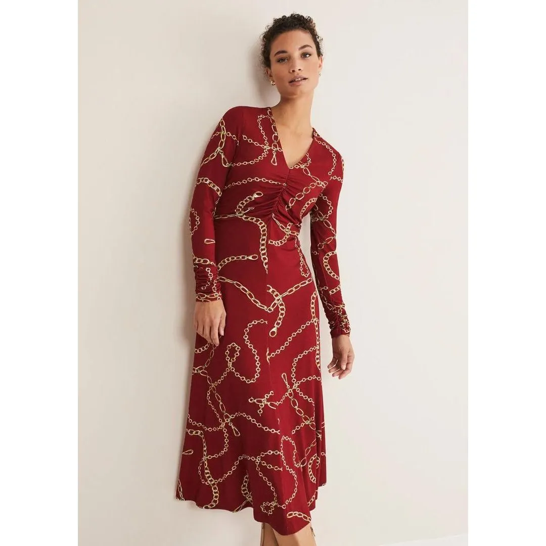 Phase Eight Cheska Chain Print Ruched Dress - Dark Red