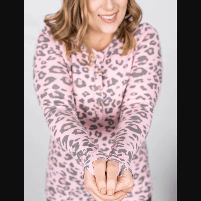 Pink Leopard Henley Shirt Women  Long Sleeve with Thumb Holes