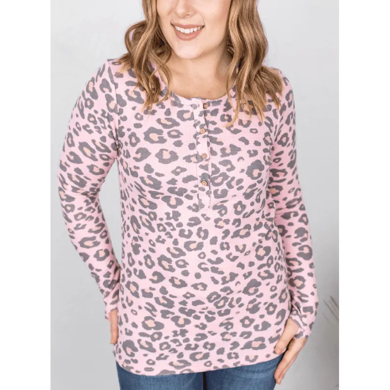 Pink Leopard Henley Shirt Women  Long Sleeve with Thumb Holes