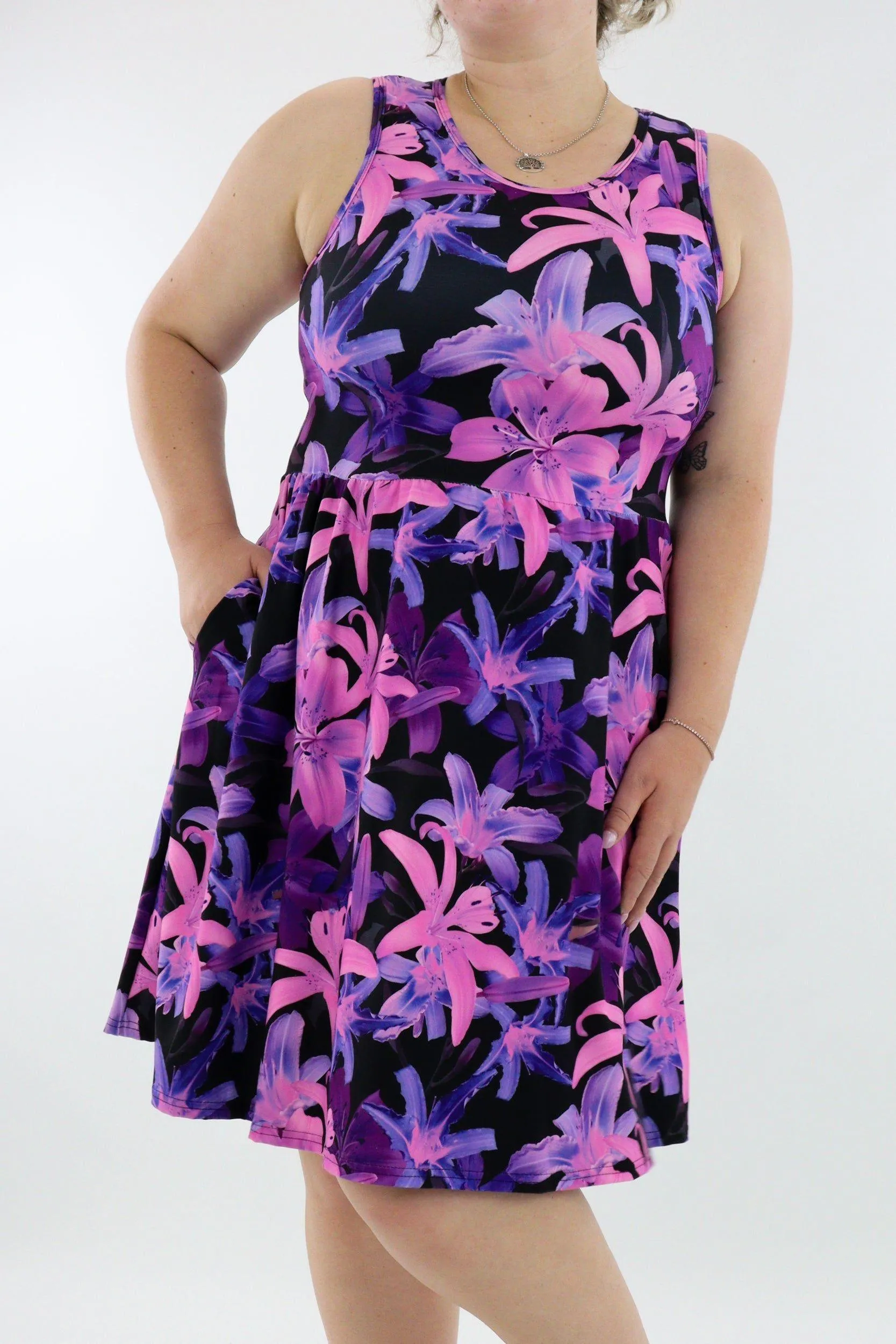 Pink Lilly - Sleeveless Skater Dress - Knee Length - Side Pockets