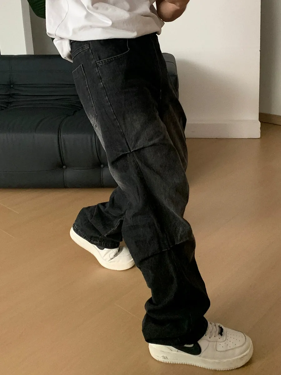 Pleated Washed Loose Fit Jeans