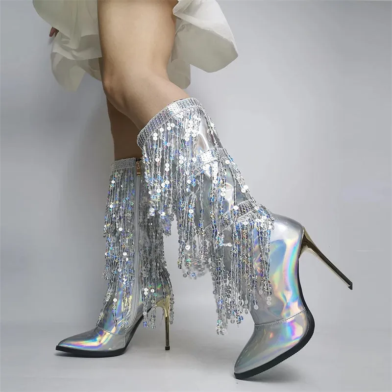 Pointed Toe Fashion Fringe Sequined Mid-Calf Boots