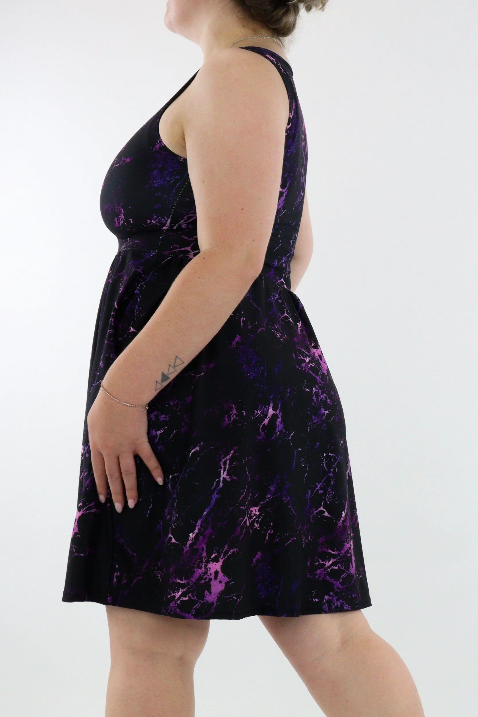 Purple Marble - Sleeveless Skater Dress - Knee Length - Side Pockets