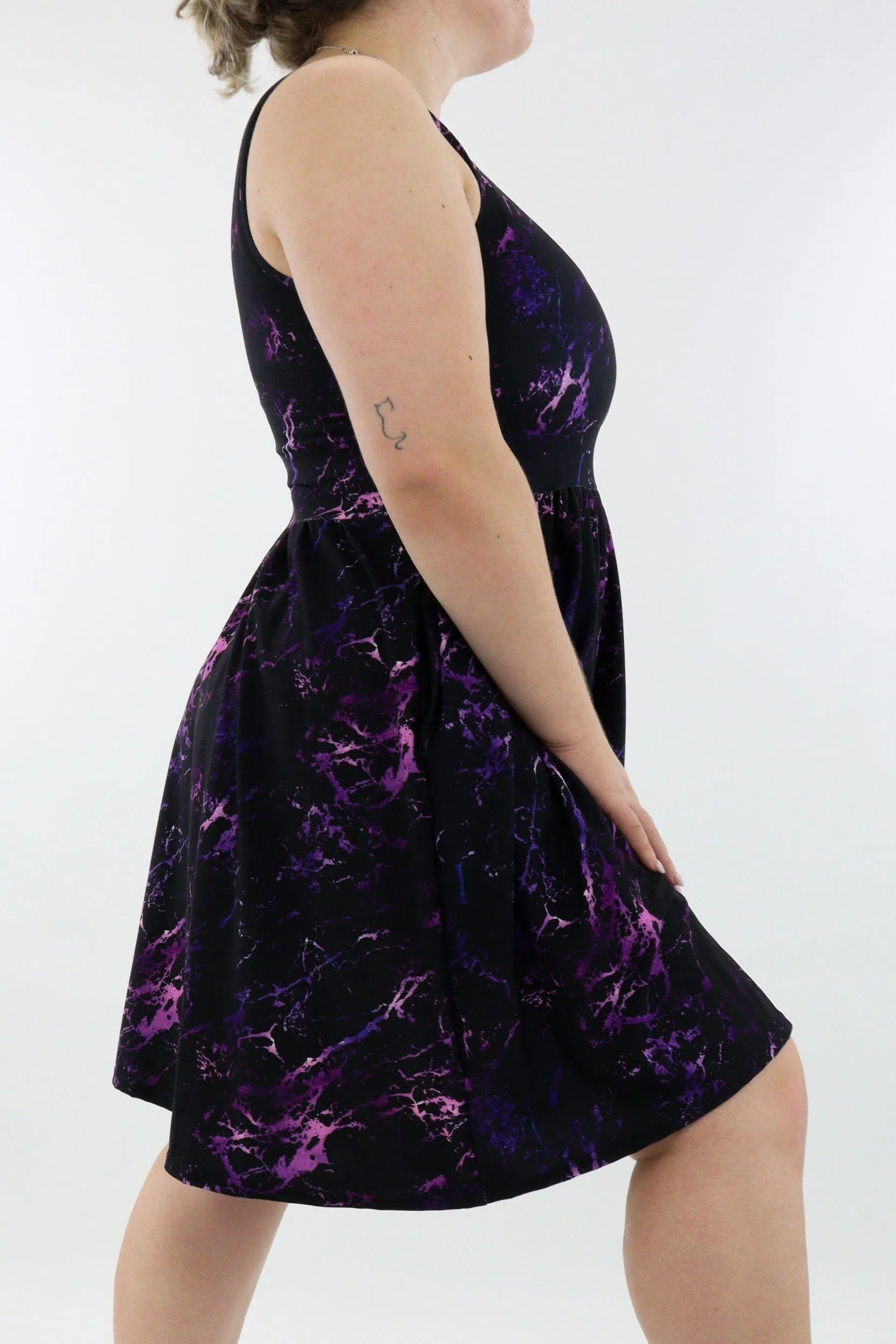 Purple Marble - Sleeveless Skater Dress - Knee Length - Side Pockets