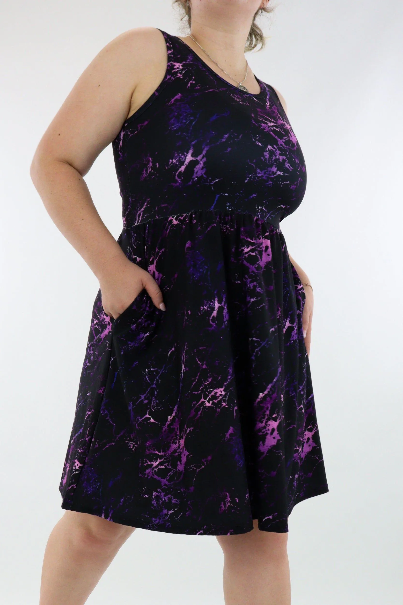 Purple Marble - Sleeveless Skater Dress - Knee Length - Side Pockets