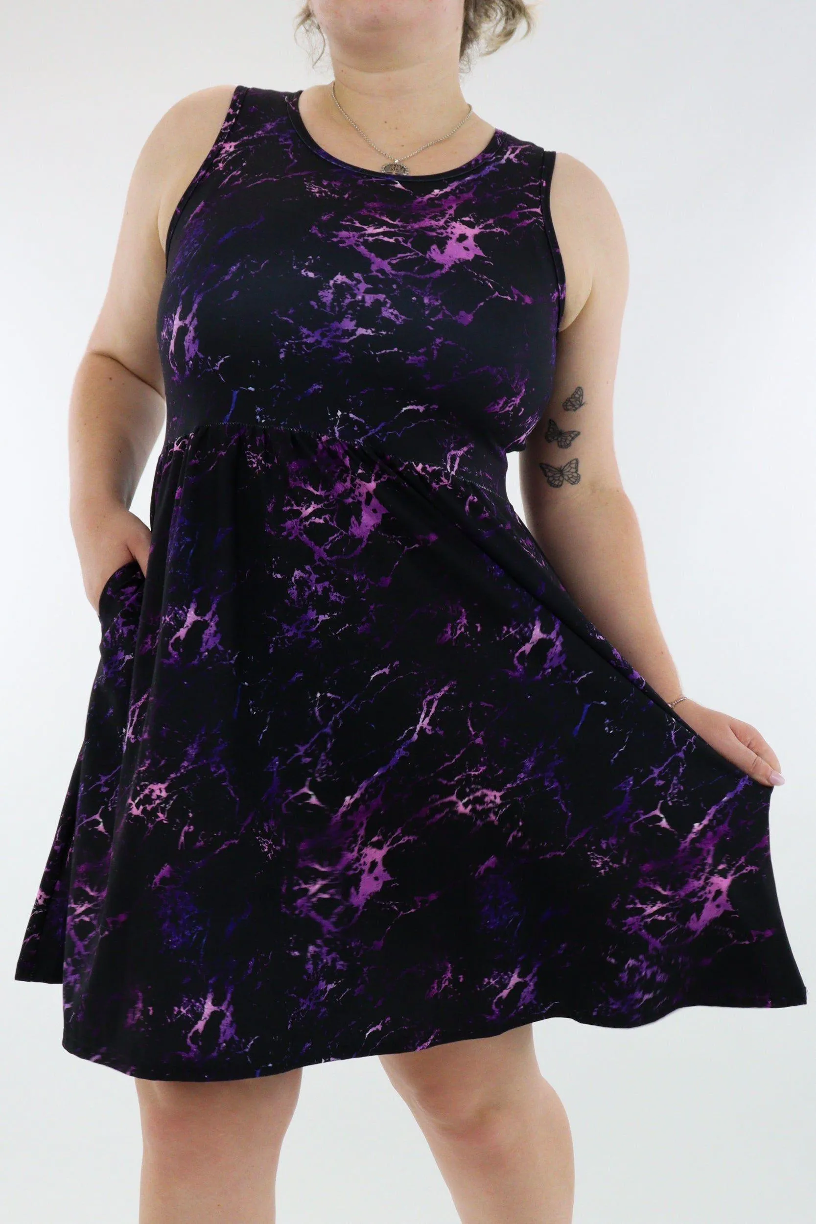 Purple Marble - Sleeveless Skater Dress - Knee Length - Side Pockets