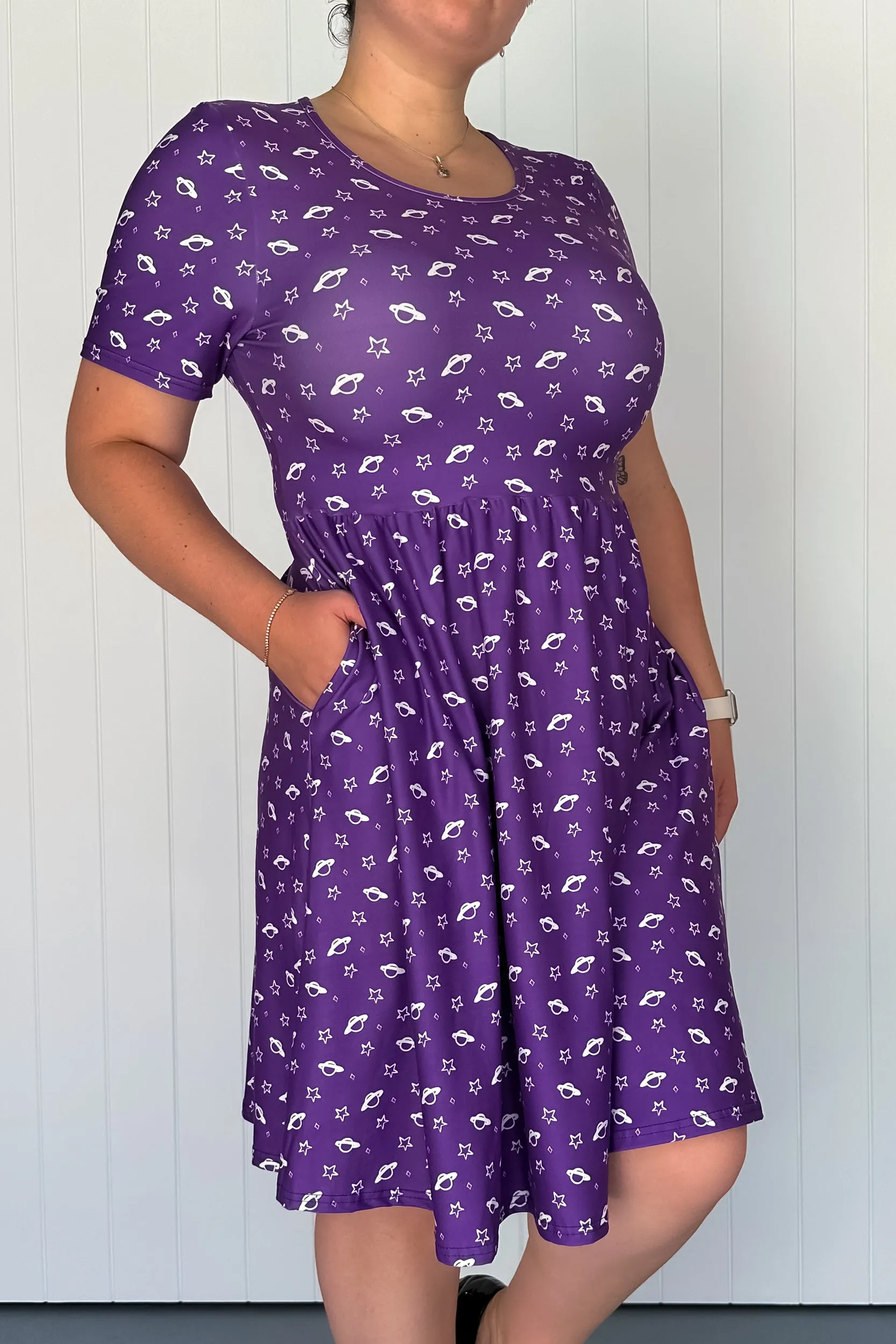Purple Saturn - Knee Length Dress - Short Sleeve - Pockets