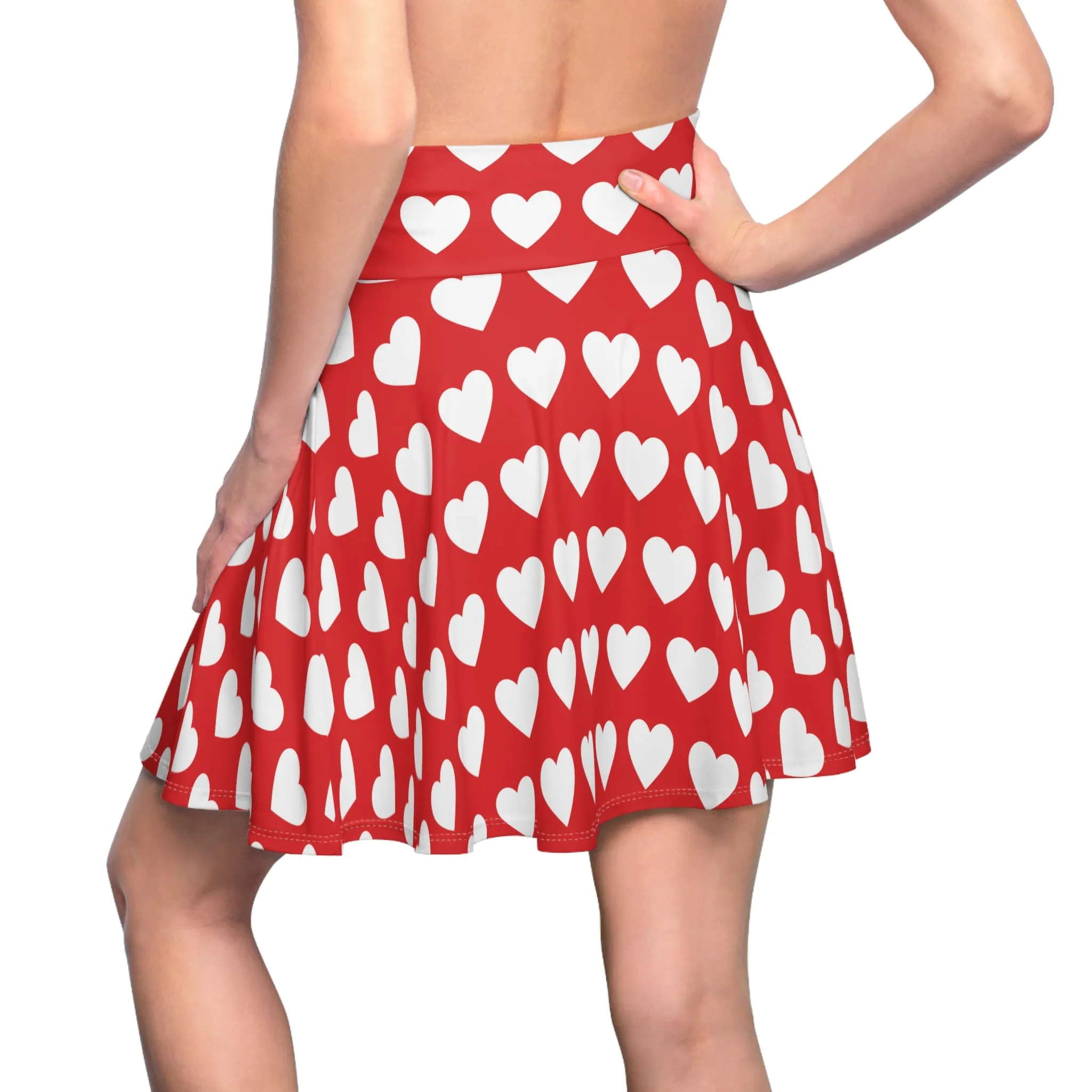 Red White Heart Womens Valentines Skater Flare Skirt - Saiko Studio