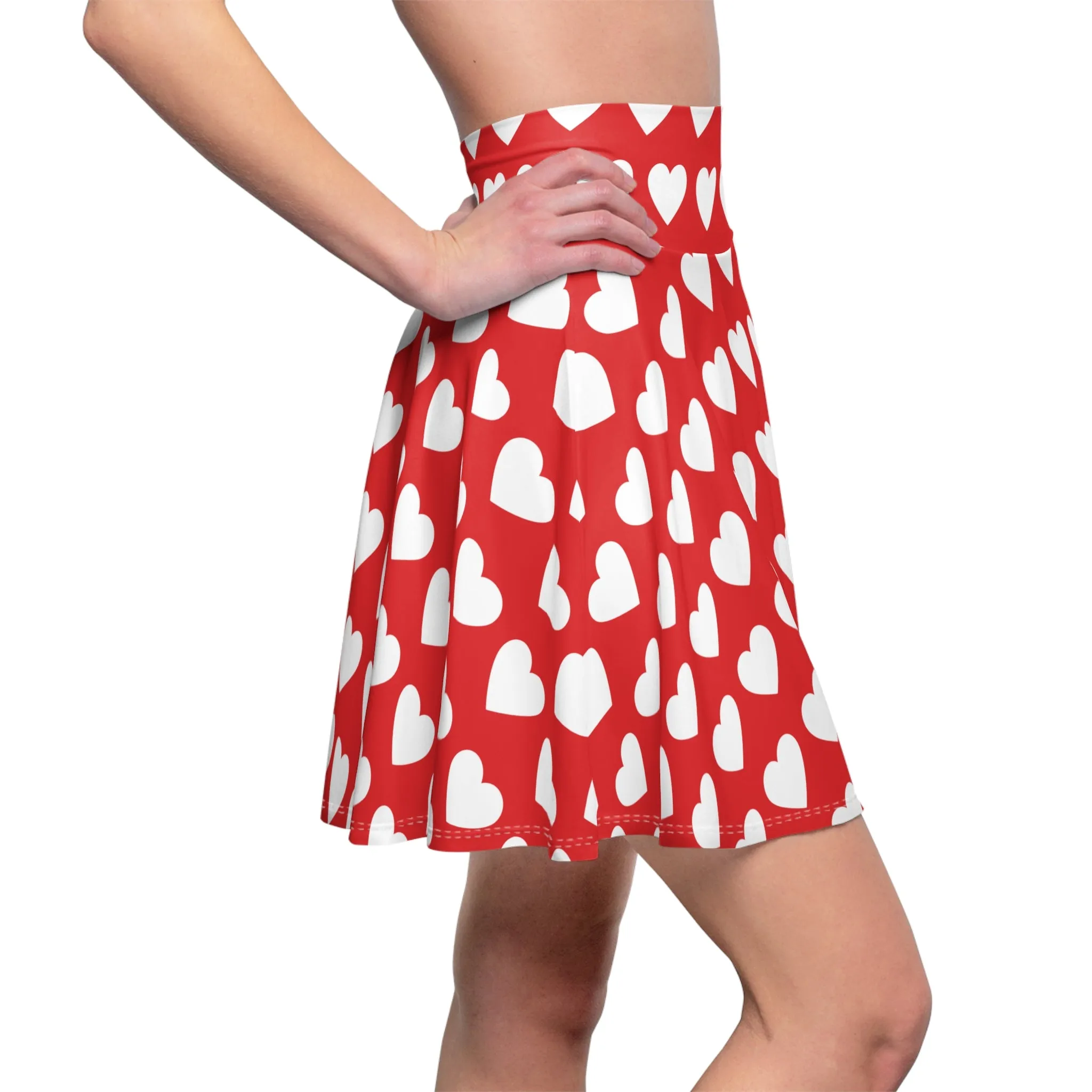 Red White Heart Womens Valentines Skater Flare Skirt - Saiko Studio