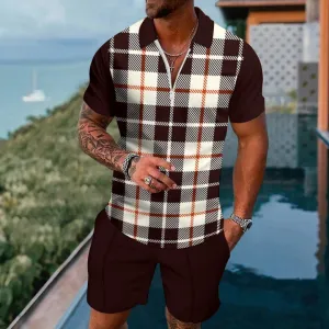 Short Sleeve Zip Polo Classic Check Board Shorts Set 2404001260