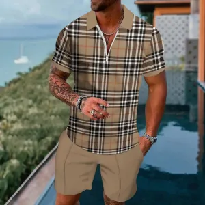 Short Sleeve Zip Polo Classic Scottish Check Print Board Shorts Set 2404001296