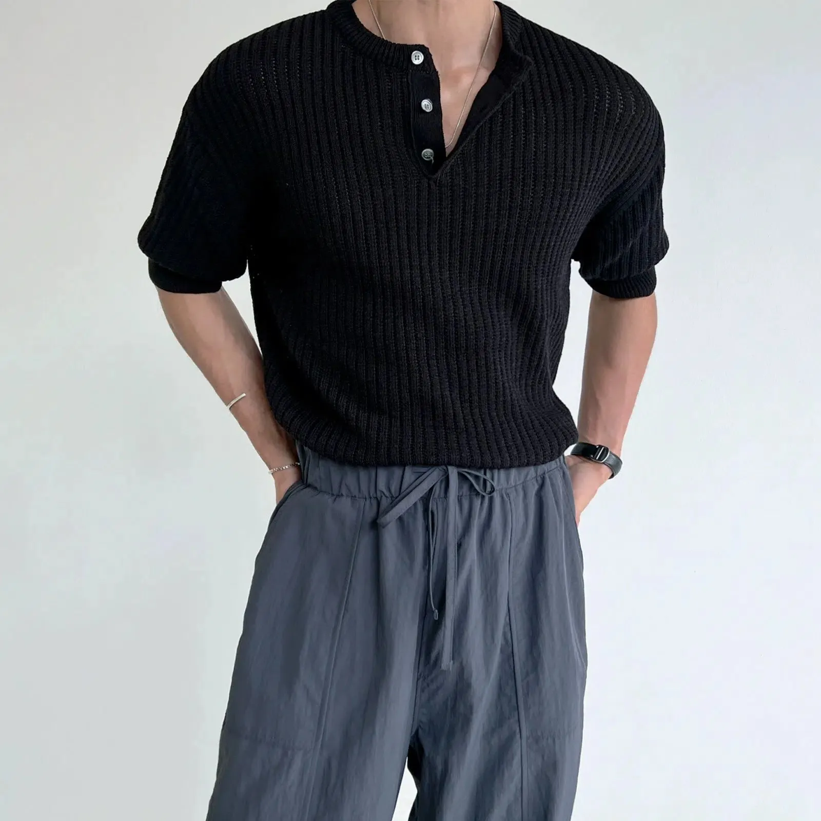Short-sleeved Knitted Henley
