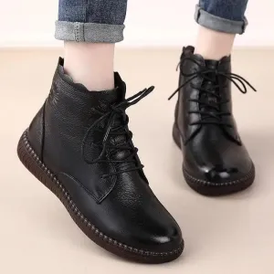 Simple Oxford Flat Leather Shoes Ladies Short Plush Boots Zipper