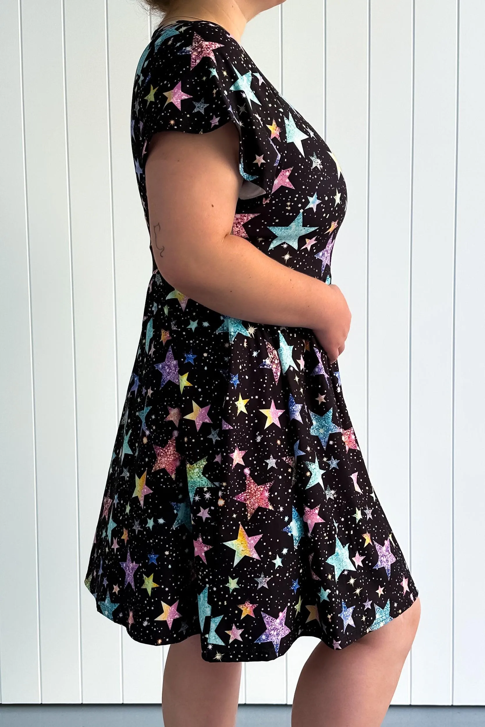 Sparkle Stars - Mini Dress - Flutter Sleeve - Pockets