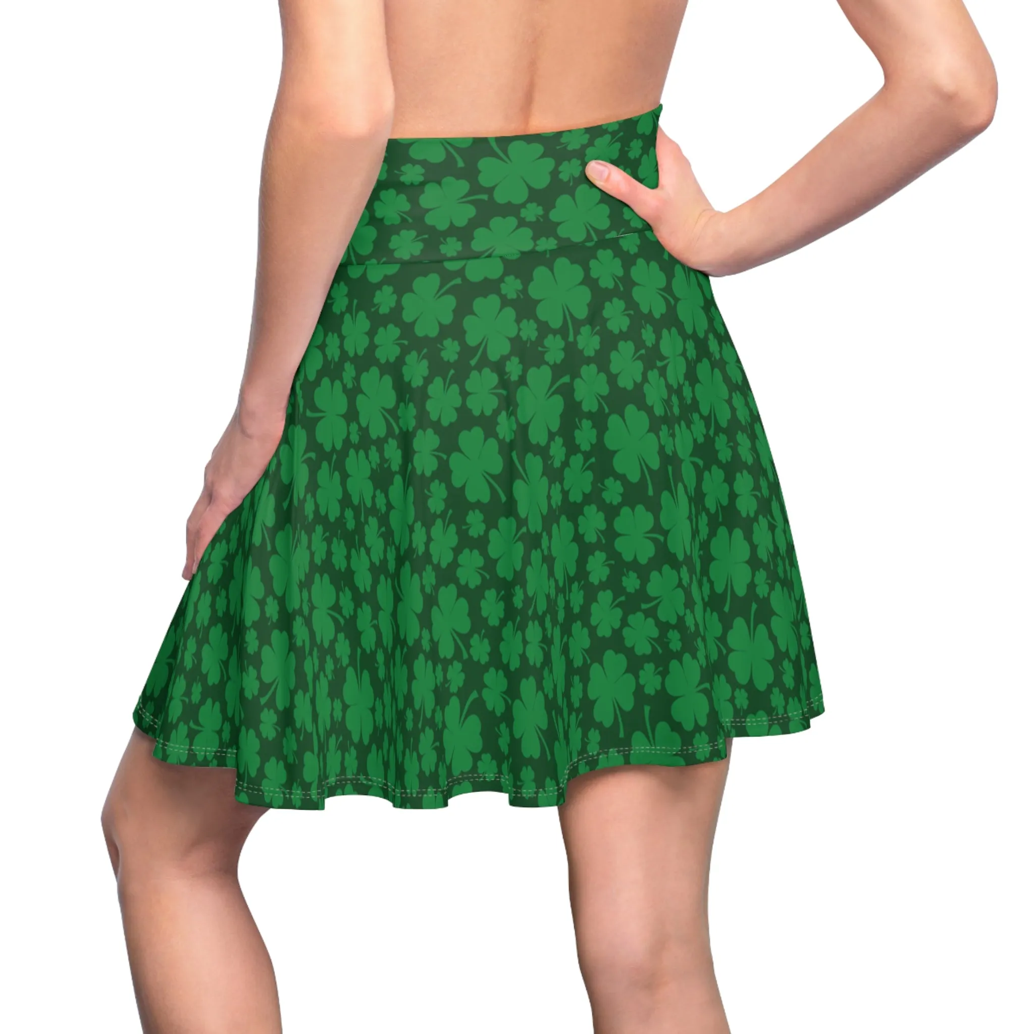 St Patricks Day 4 Leaf Clover Shamrock Womens Skater Skirt - Saiko Studio