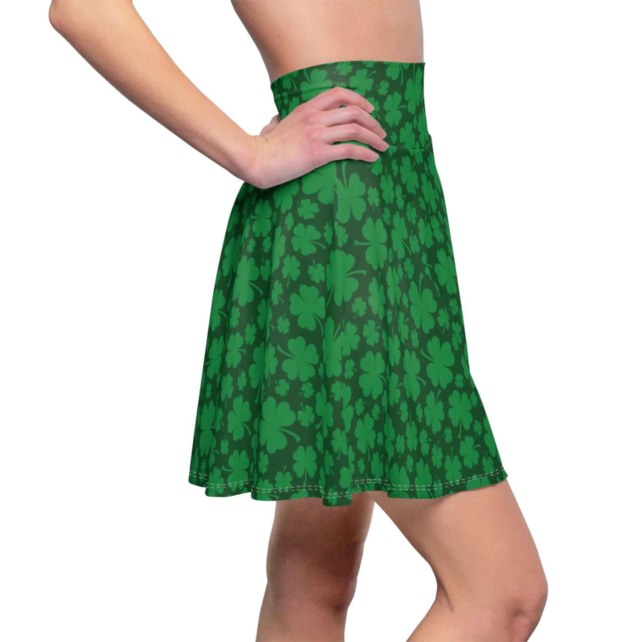 St Patricks Day 4 Leaf Clover Shamrock Womens Skater Skirt - Saiko Studio