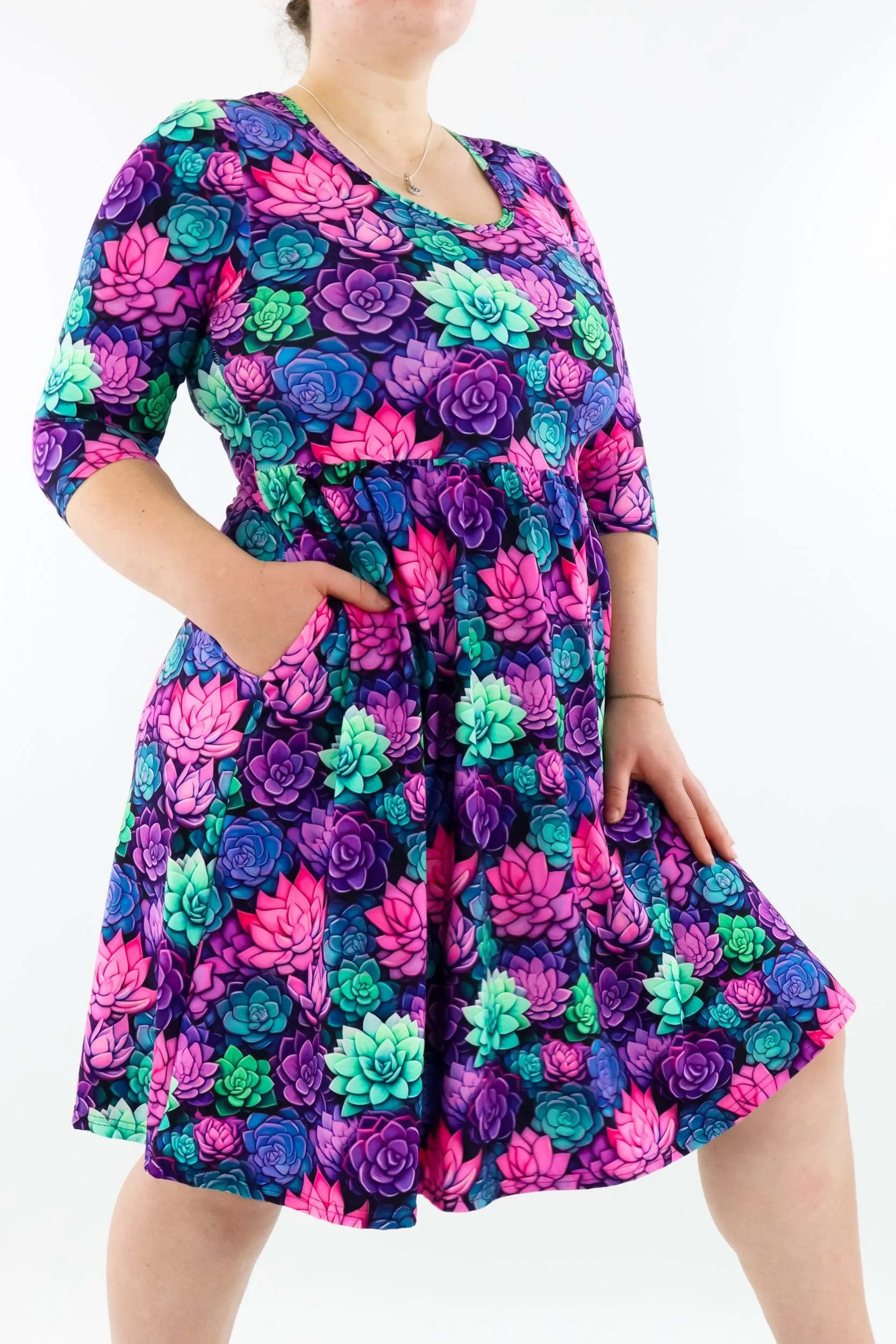 Succulents - 3/4 Sleeve Skater Dress - Knee Length - Pockets