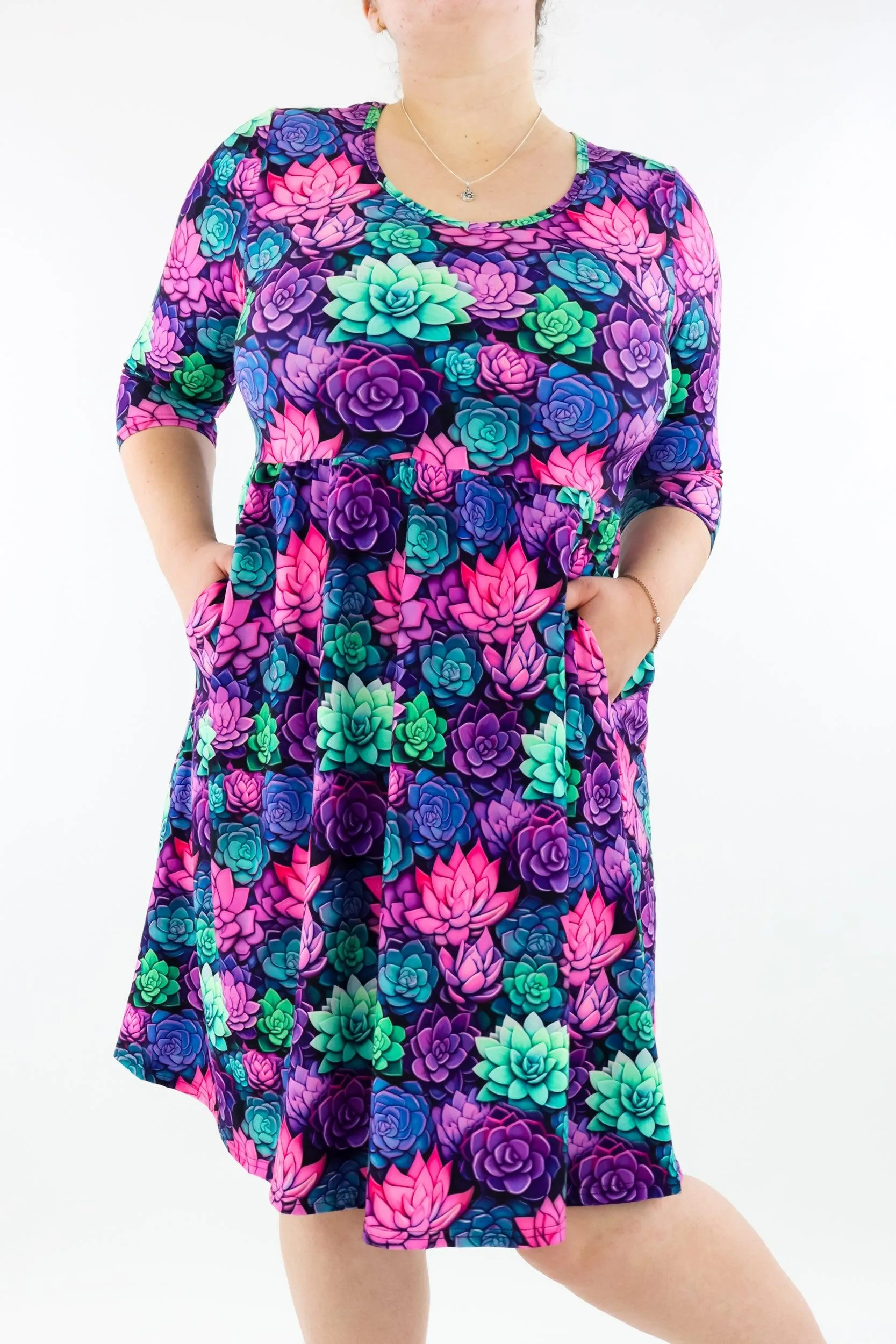 Succulents - 3/4 Sleeve Skater Dress - Knee Length - Pockets