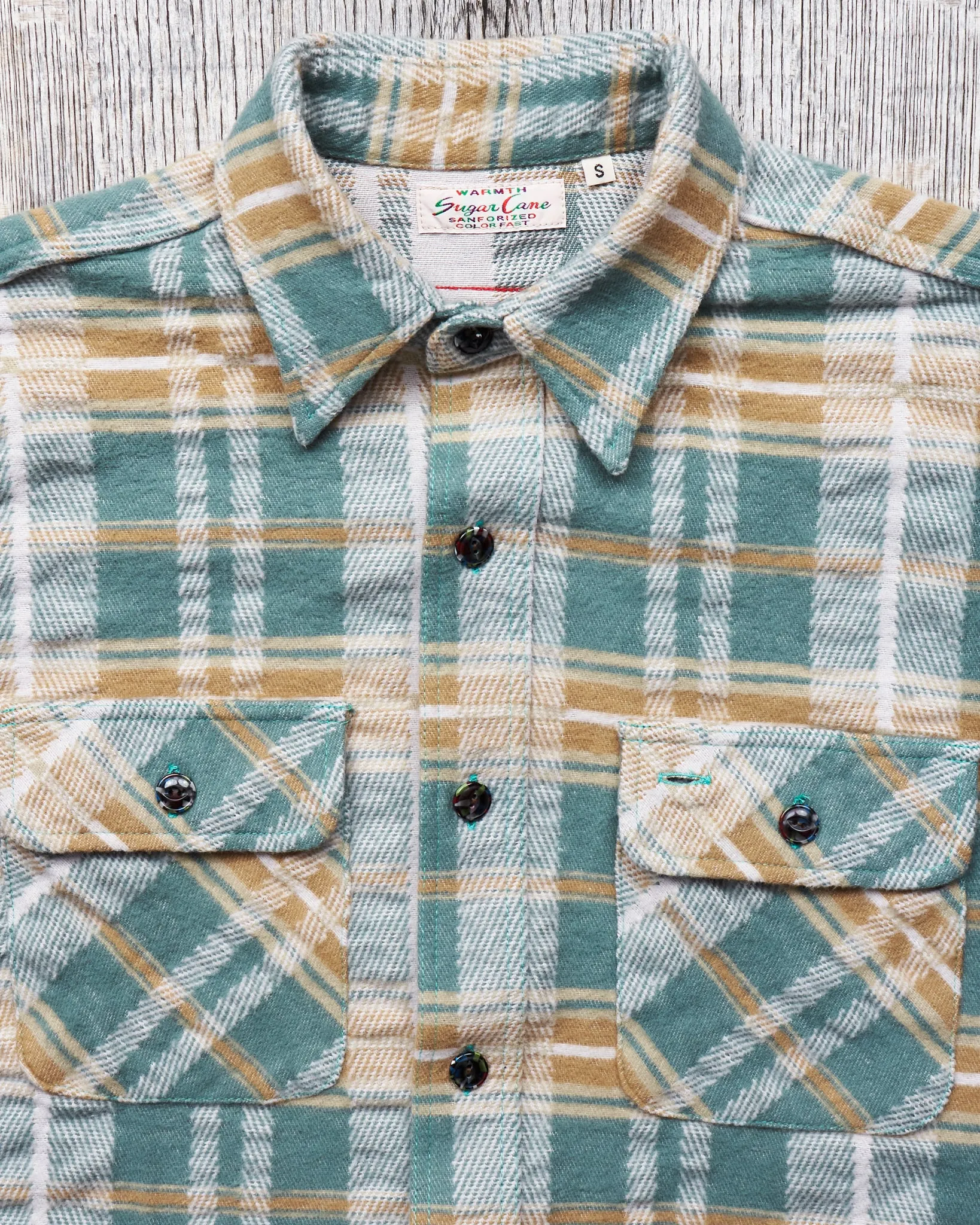 Sugar Cane & Co Fancy Twill Double Weave Flannel Shirt Green