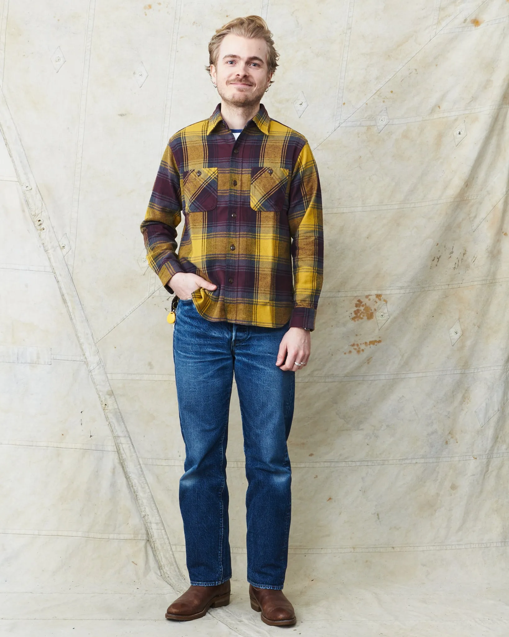 Sugar Cane & Co Twill Check Work Shirt Yellow SC29152