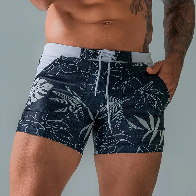 Summer Men'S Beach Swimming Trunks Drawstring Elastic Waist Swimsuit Shorts Man plus Size Quick Drying Swimwear Shorts