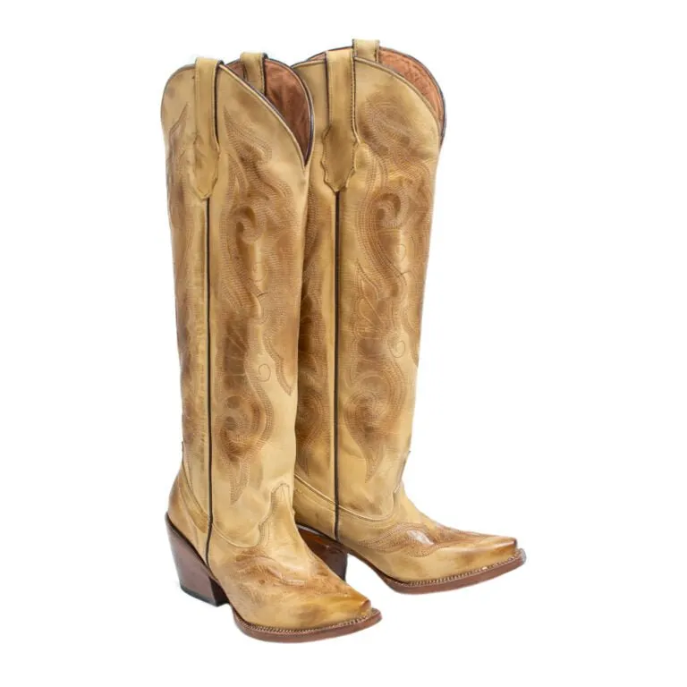TANNER MARK WOMEN’S Hazel Burnished Sand Fashion Heel Knee High Cowgirl Boots