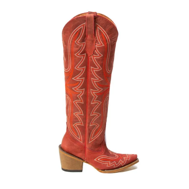 TANNER MARK WOMEN’S Kendra Crackle Red Fashion Heel Knee High Cowgirl Boots