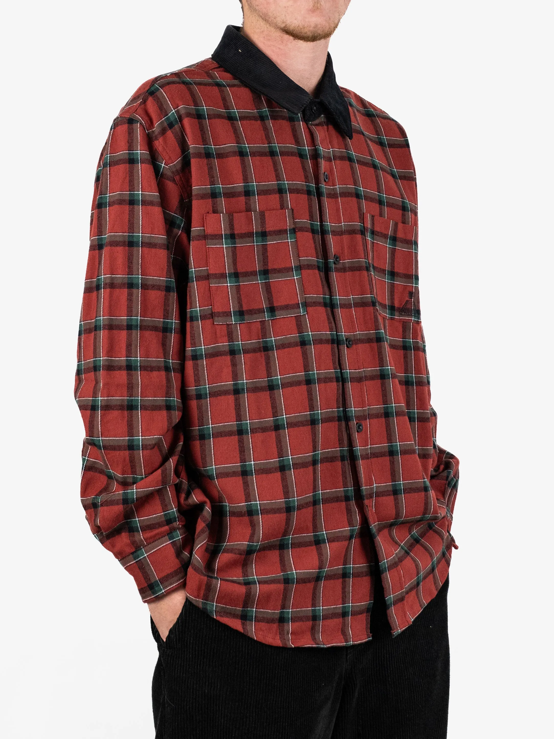 Theories of Atlantis - Cascadia Cord Collar Flannel Shirt - Brick Red - Xl Last
