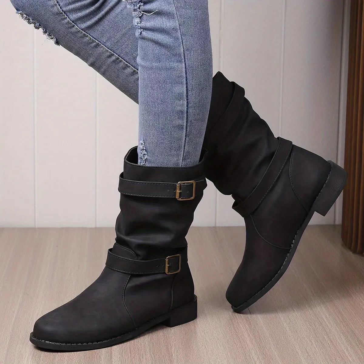 Vintage charm slouchy buckle western boots