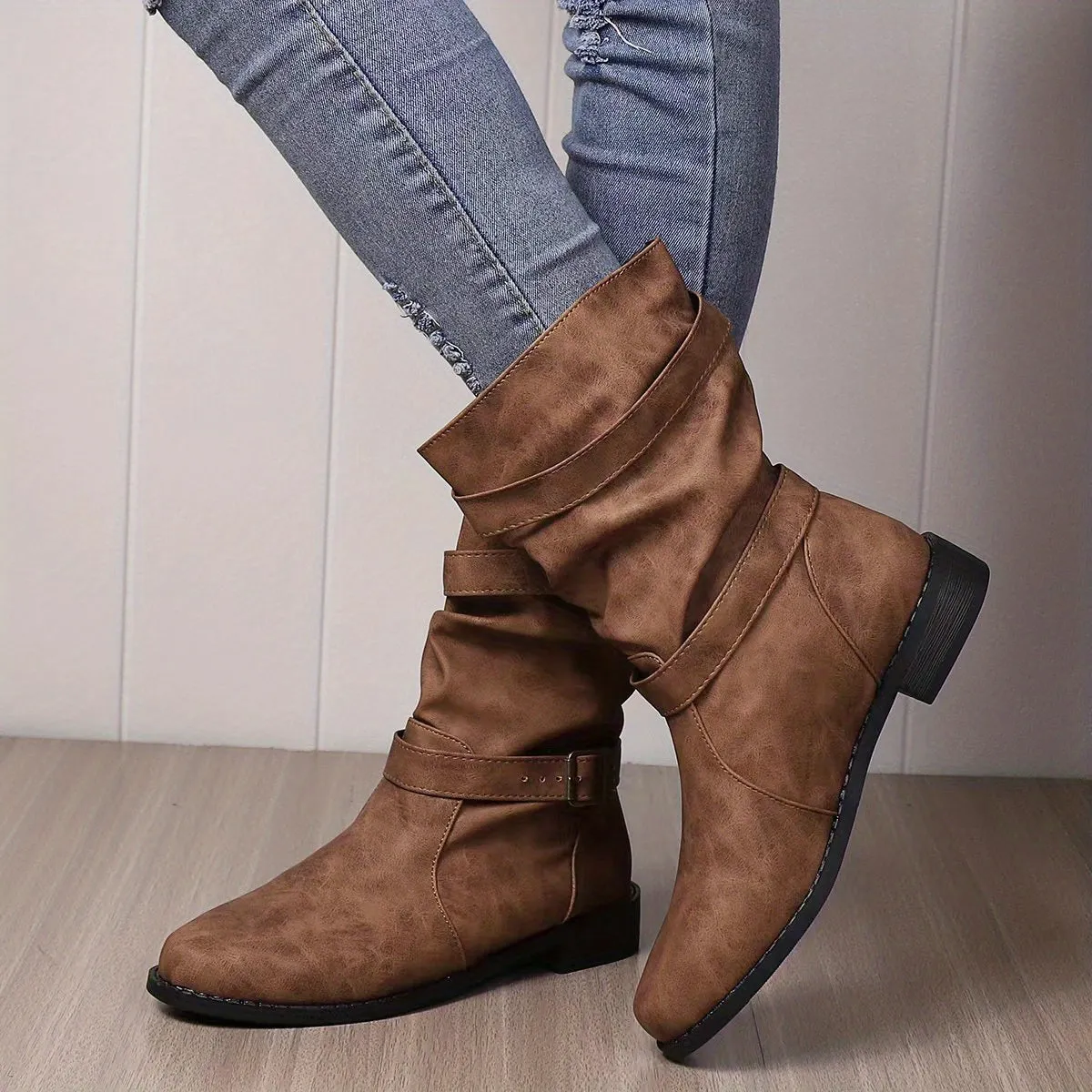 Vintage charm slouchy buckle western boots