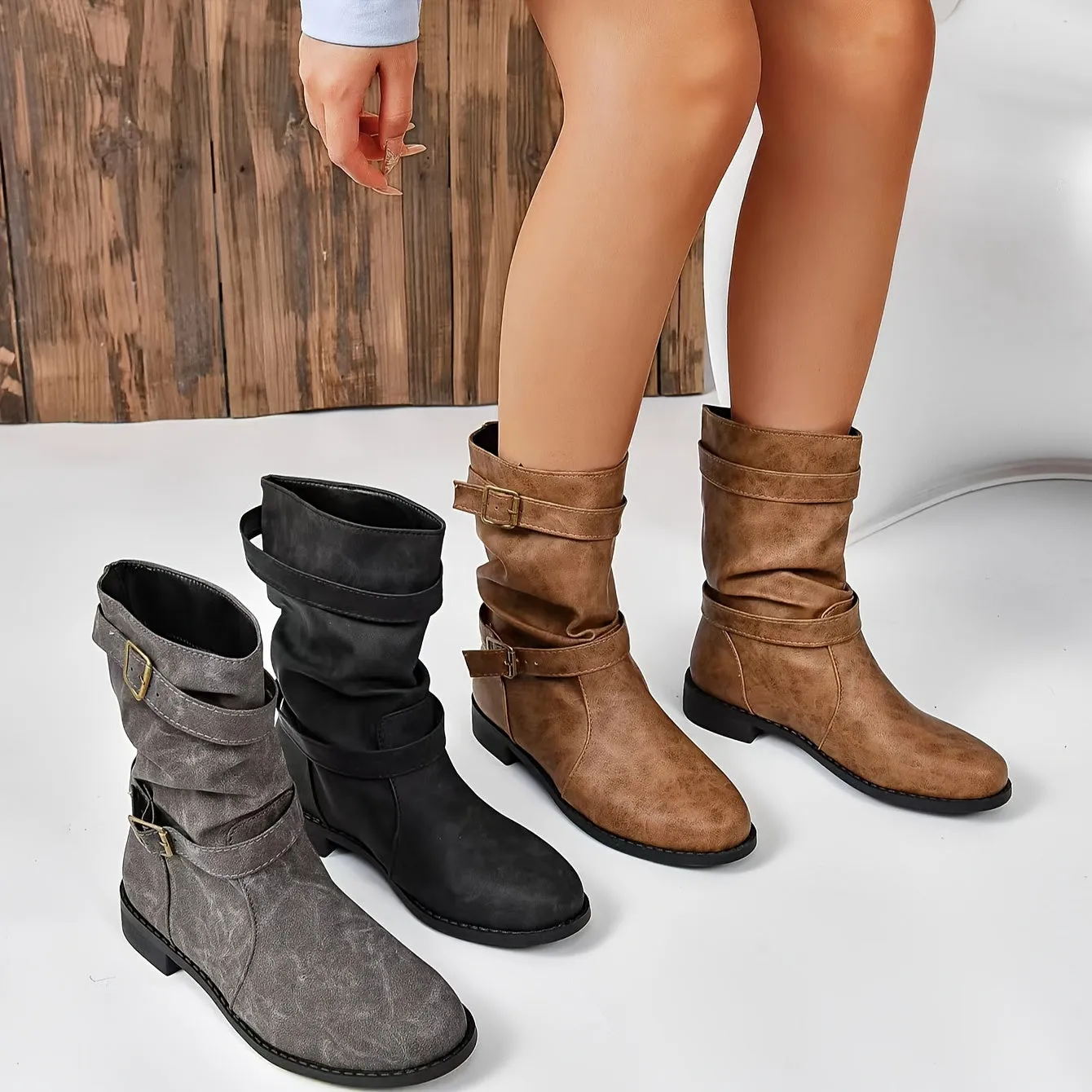 Vintage charm slouchy buckle western boots
